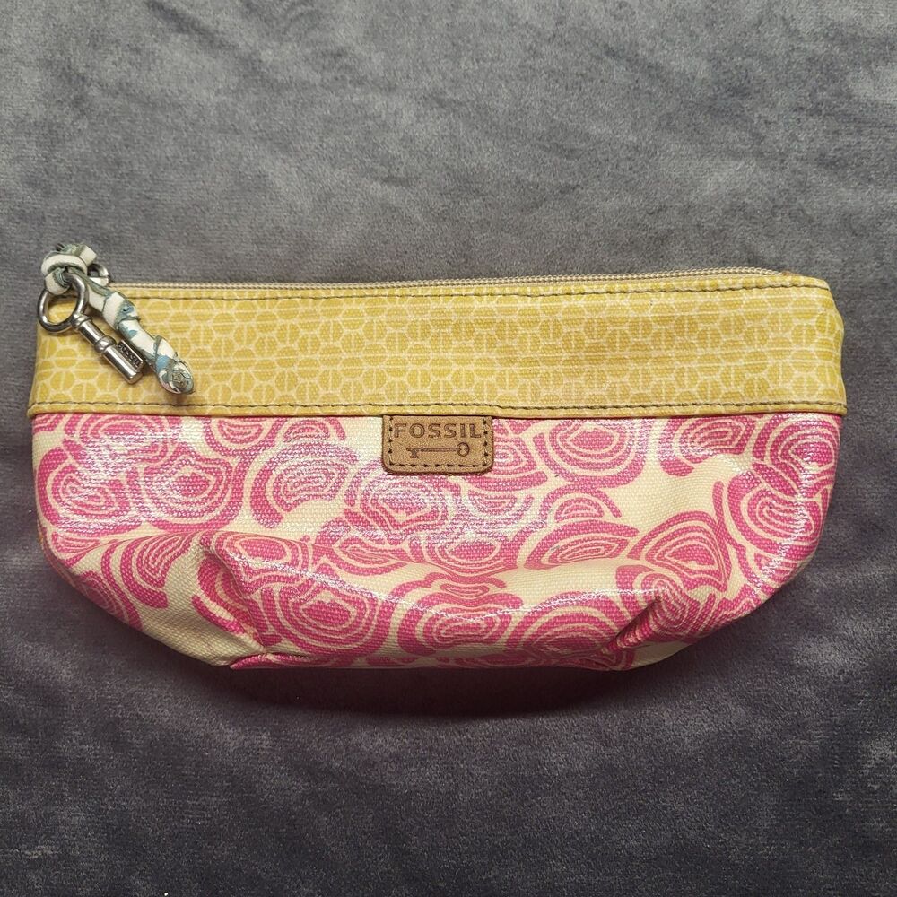 VTG Fossil Key Per Floral Small Cosmetic Bag Pouch Coated Canvas Flaw